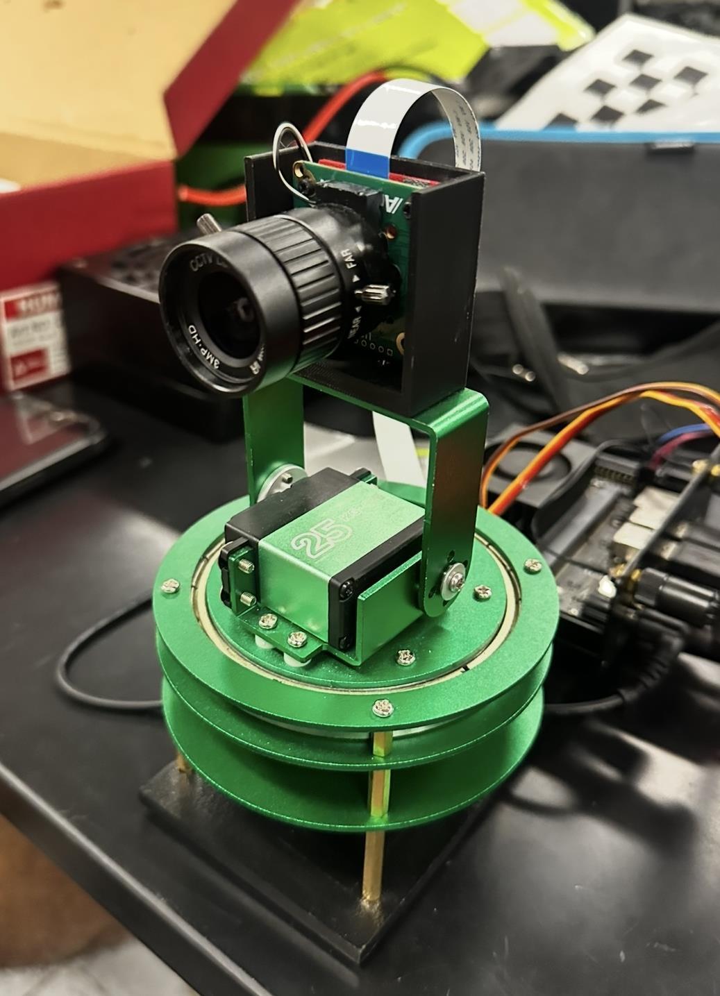 Assembled camera payload: camera, pan/tilt mount, and mounting base