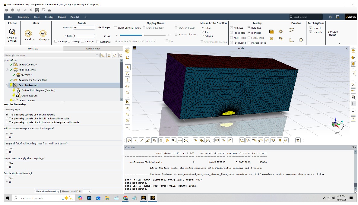 Surface mesh around the vehicle and enclosure before the Fluent solve. Report page 11.