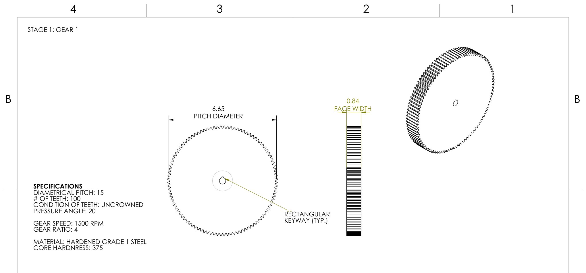 SolidWorks engineering drawing of gearbox pinion and gear
